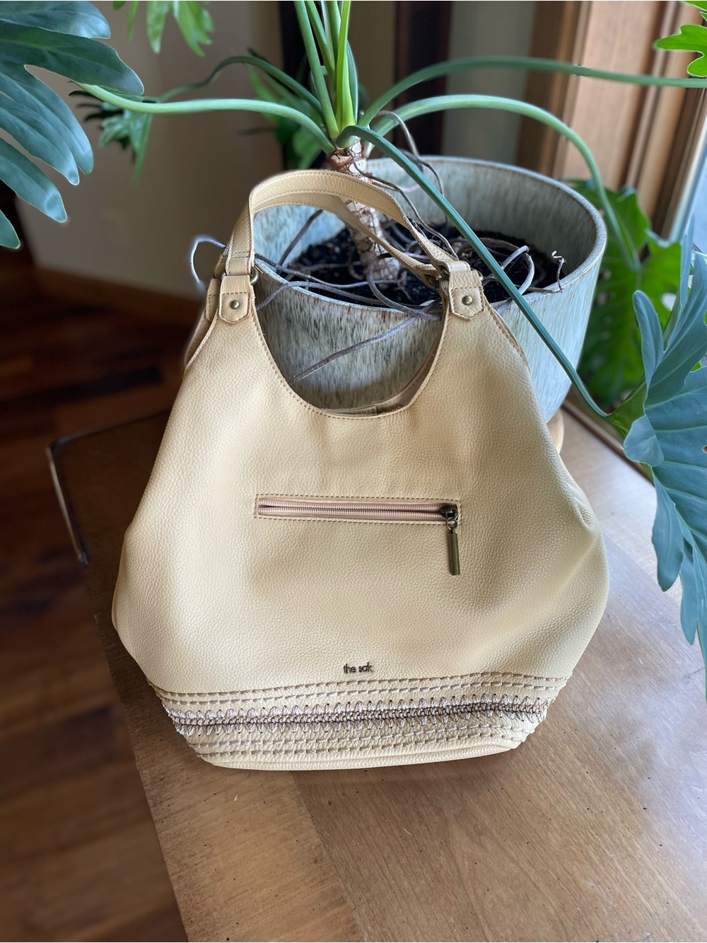 The Sak Light Yellow Roma Shopper Pebble Leather Shoulder Bag with Braided Trim